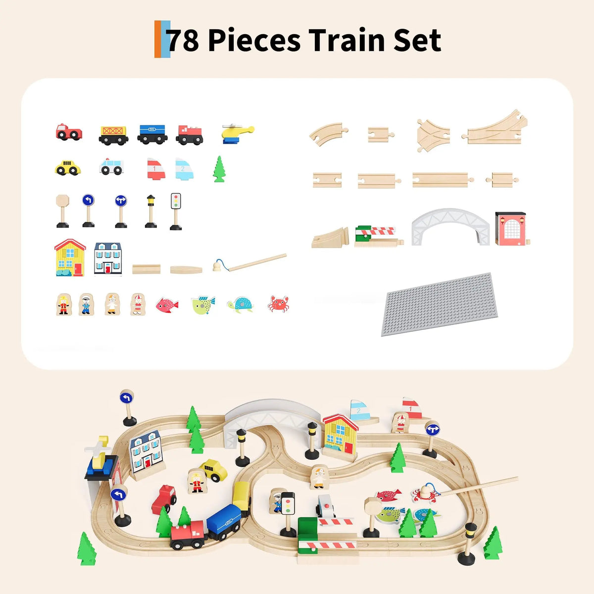 A wooden train set with various vehicles, tracks, and accessories laid out on a light wood surface.