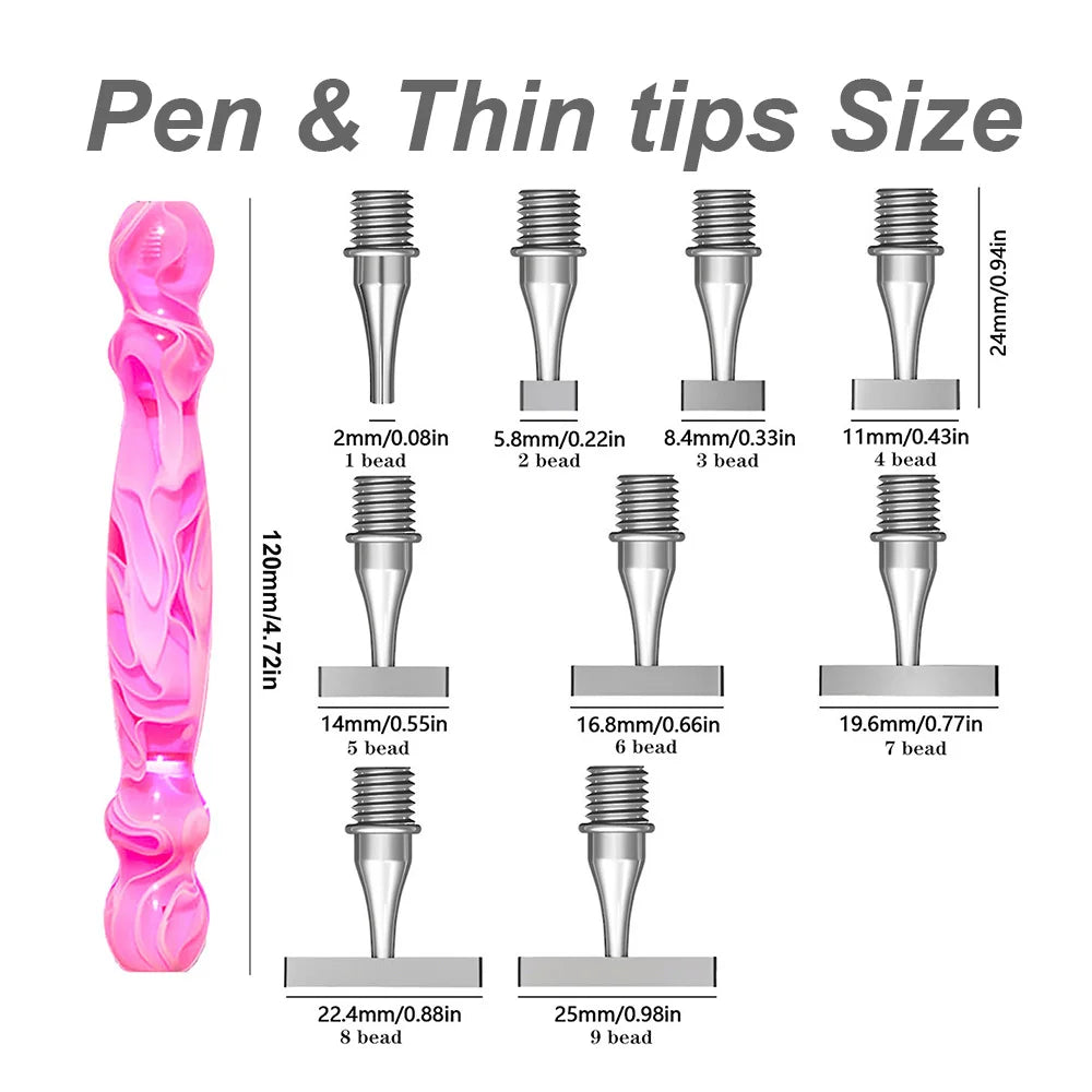 A display showing various sizes of pen tips for diamond art, ranging from 2 to 9 beads.