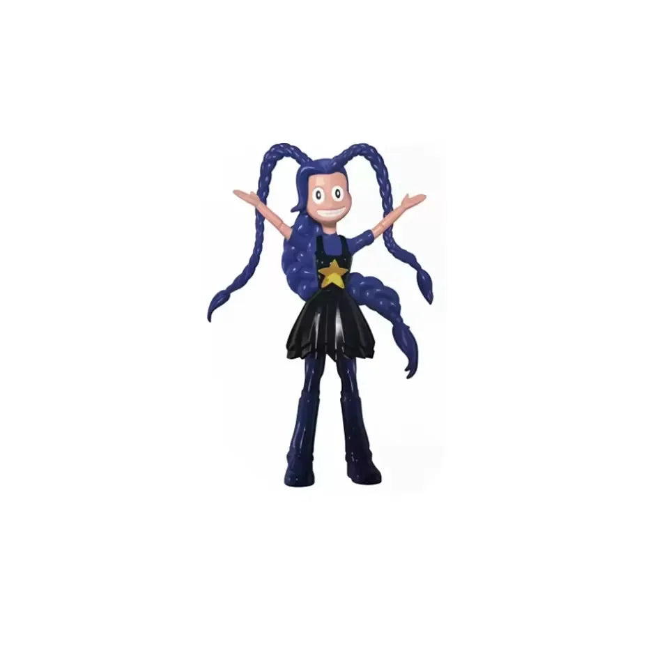 A collectible figure of Poppy Playtime with blue hair and a black dress, holding her arms out.