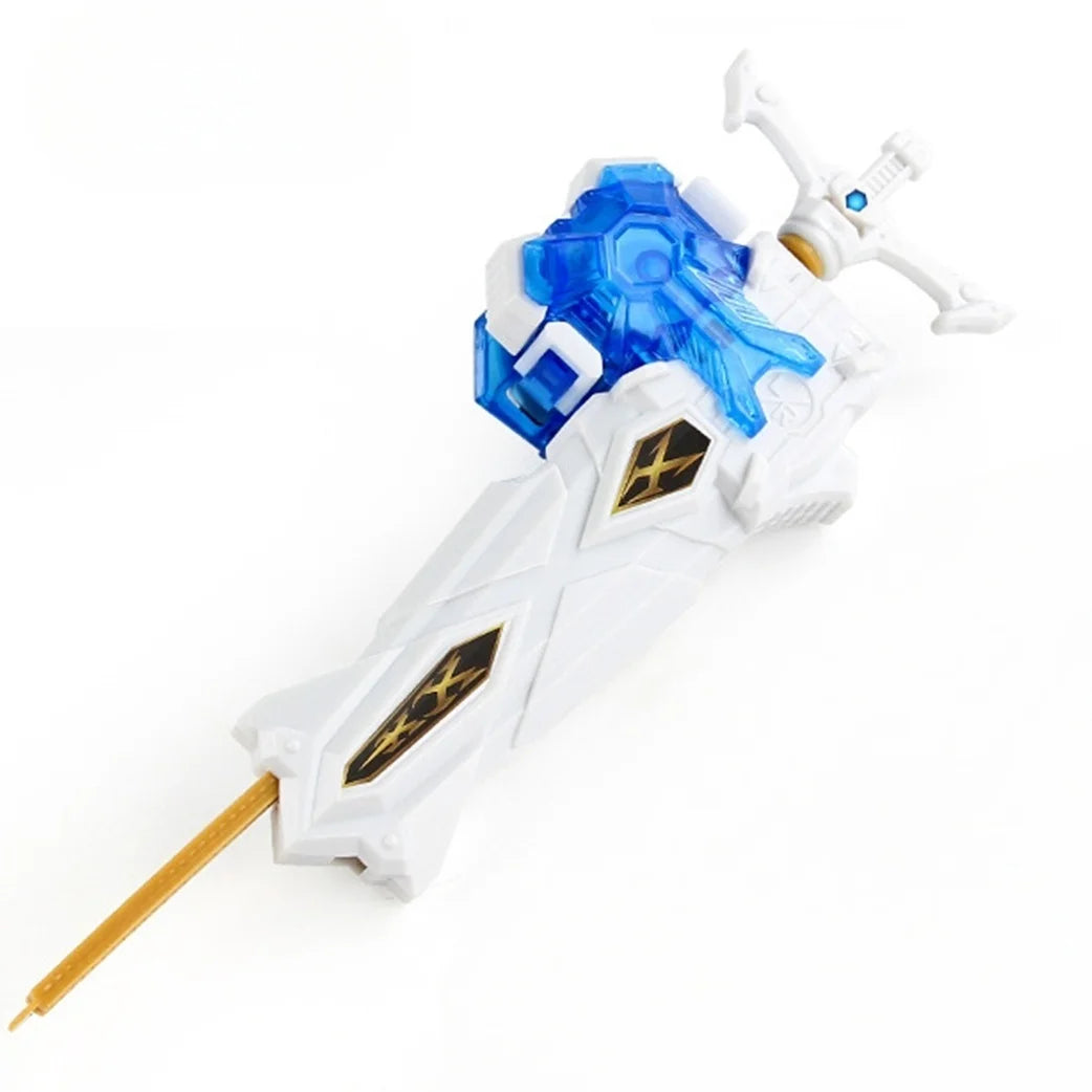 A white and blue burst-style spinning top launcher for kids with a clear blue top and gold accents.