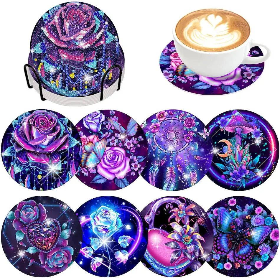 DIY Diamond Painting Coaster Kit with Holder – 8 Floral Resin Coasters