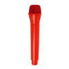 A bright red foam microphone prop for kids' performances.