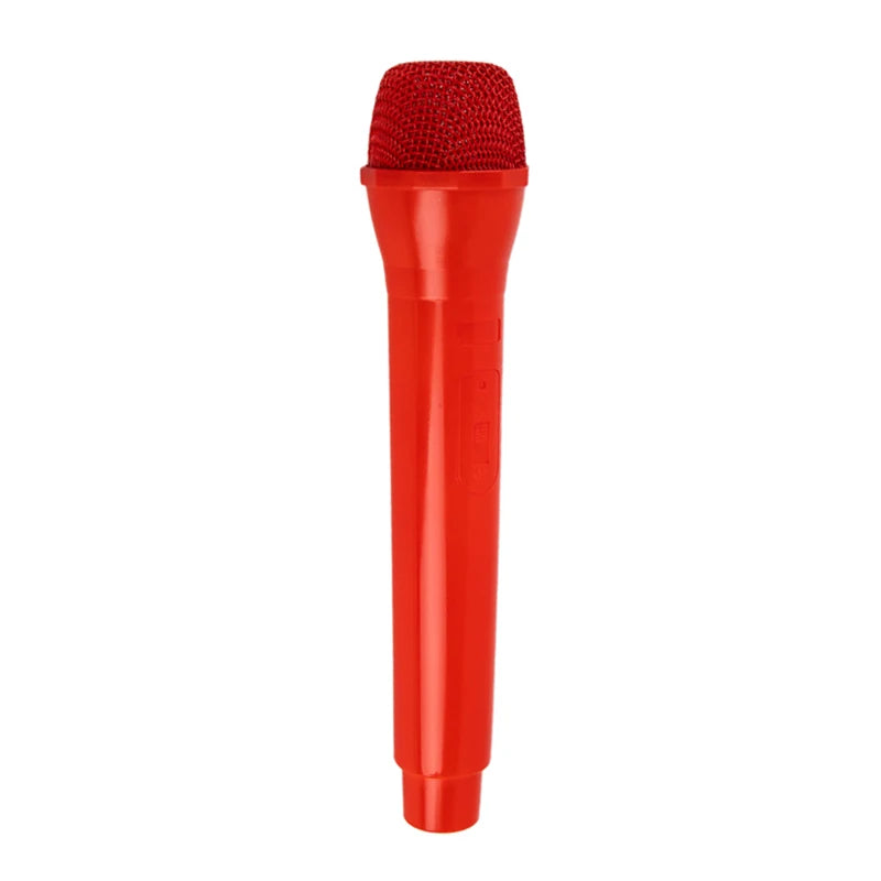 A bright red foam microphone prop for kids' performances.