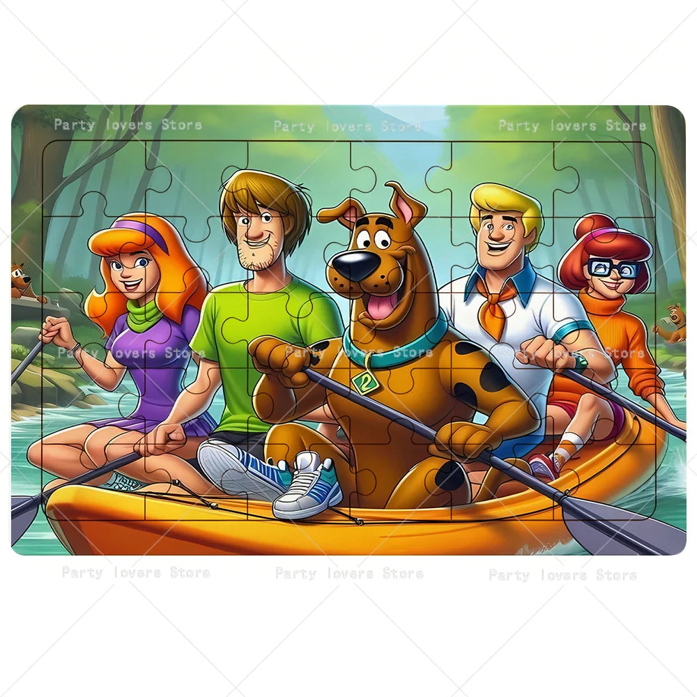 A group of five people and a dog are paddling an orange canoe on water.