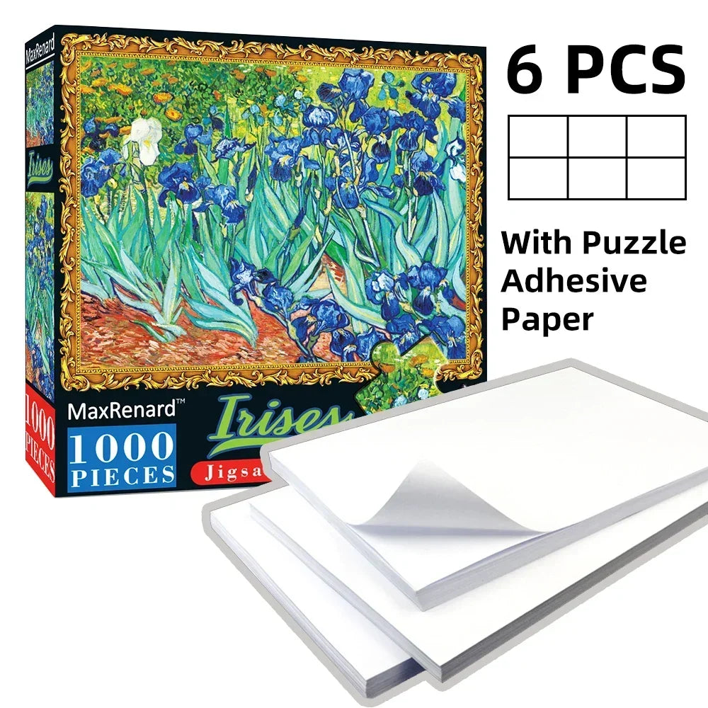 Box of a 1000-piece Iris jigsaw puzzle with adhesive paper and six puzzle pieces