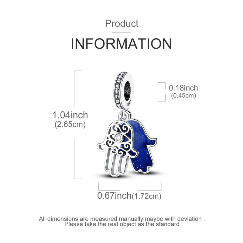 A silver heart charm featuring a blue silhouette of a hand and a dark blue background.