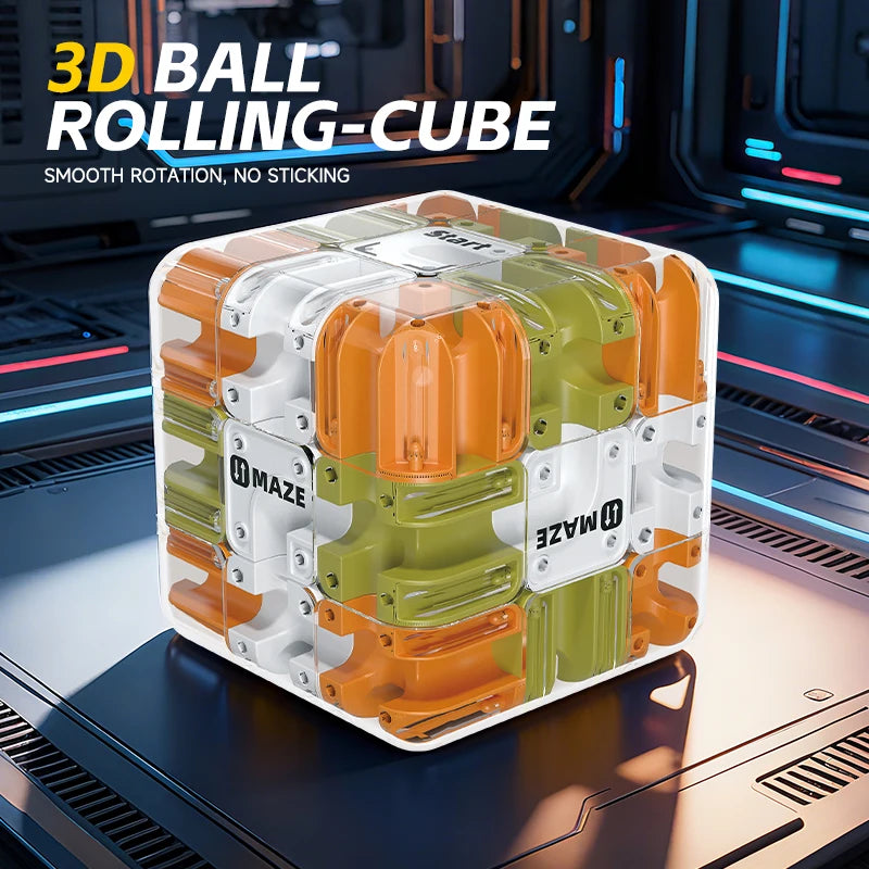 A white 3D ball rolling cube with maze-shaped colored pieces in orange, green, and yellow resting on a dark surface.