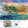 A colorful jigsaw puzzle depicting a vibrant scene of various animals in a natural landscape.