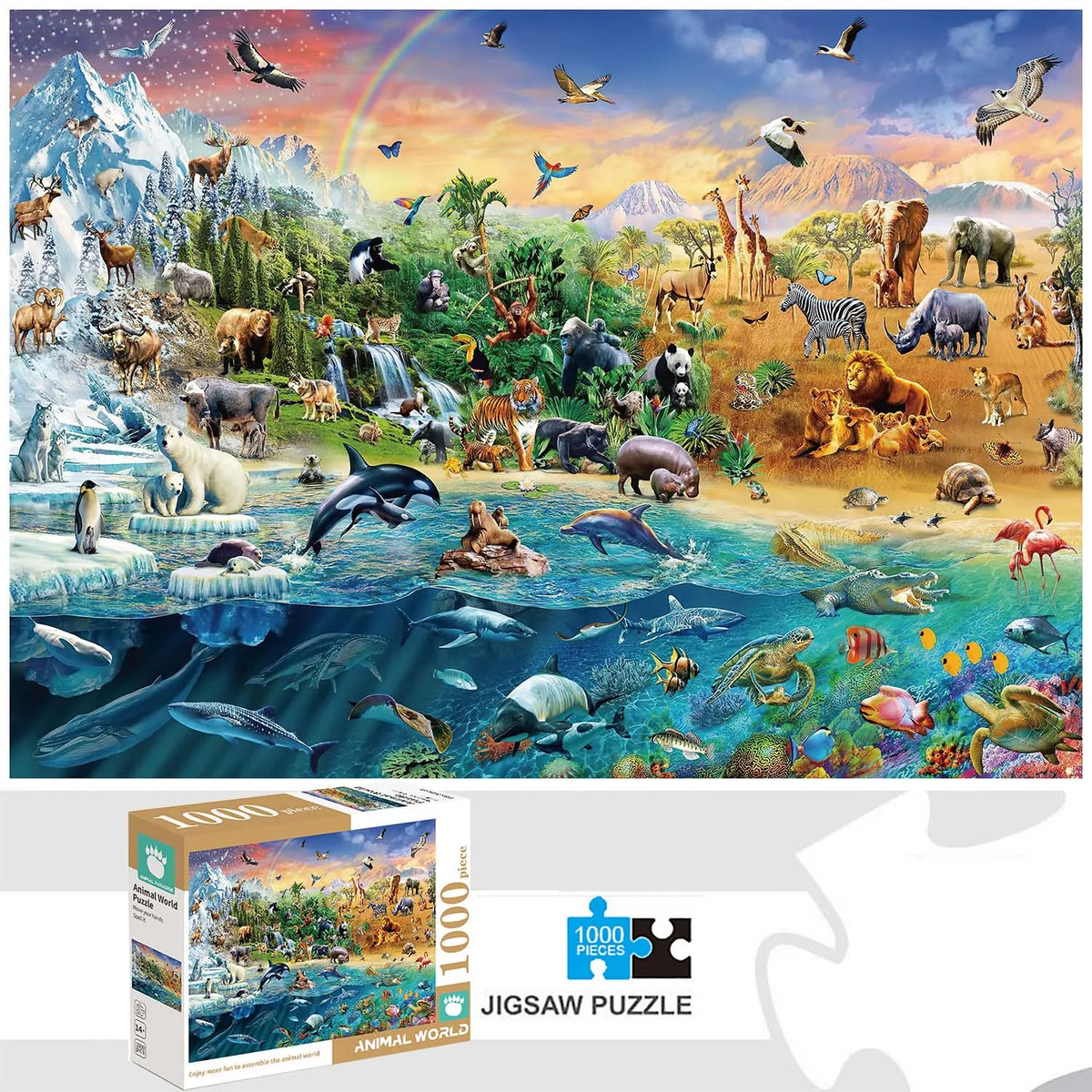 A colorful jigsaw puzzle depicting a vibrant scene of various animals in a natural landscape.