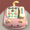 A pink, cat-shaped musical phone toy for toddlers with lights and sounds.