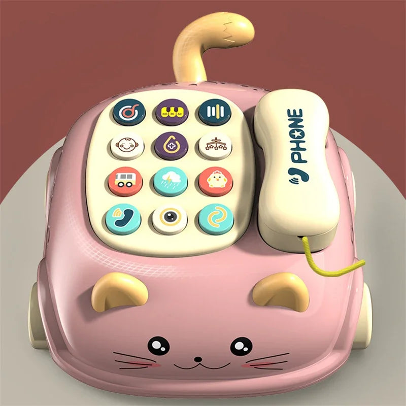 A pink, cat-shaped musical phone toy for toddlers with lights and sounds.