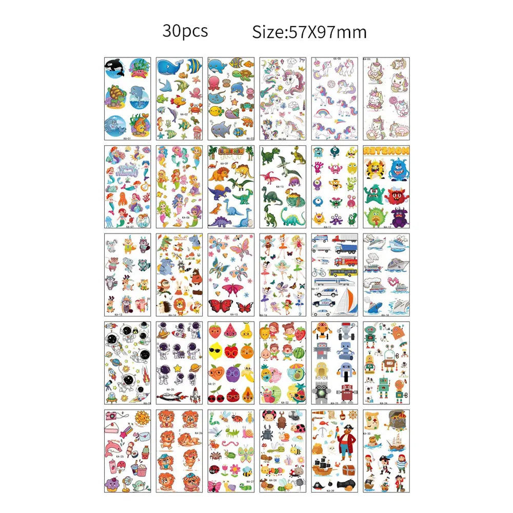 A grid display of 30 pieces of colorful temporary tattoos featuring various designs for kids and adults.