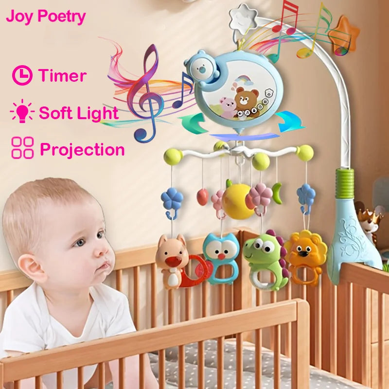 Baby-Kinderbett-Mobile mit Nachtlicht und Projektion sowie Timer mit musikalischen Elementen über dem Bett.