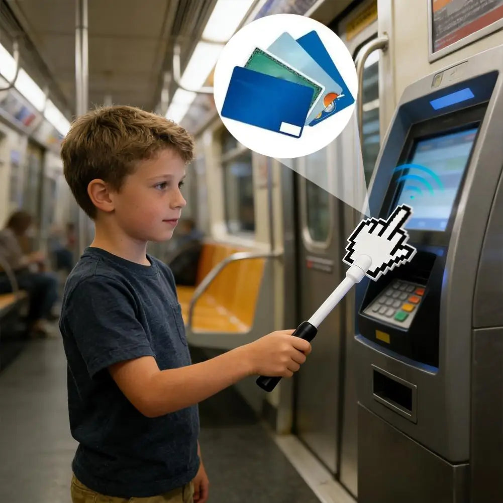 A boy uses a finger to tap a card on a machine for payment.