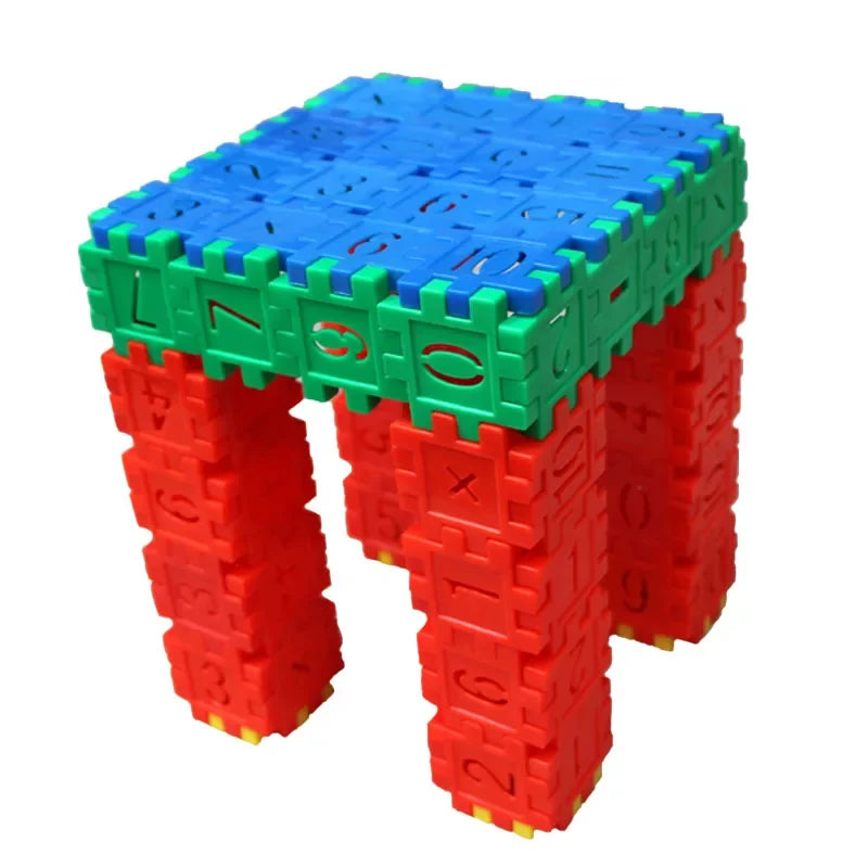 A blue and red mosaic building block structure for kids.