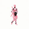 A pink magnetic multi-jointed action figure with black accessories and a display stand.