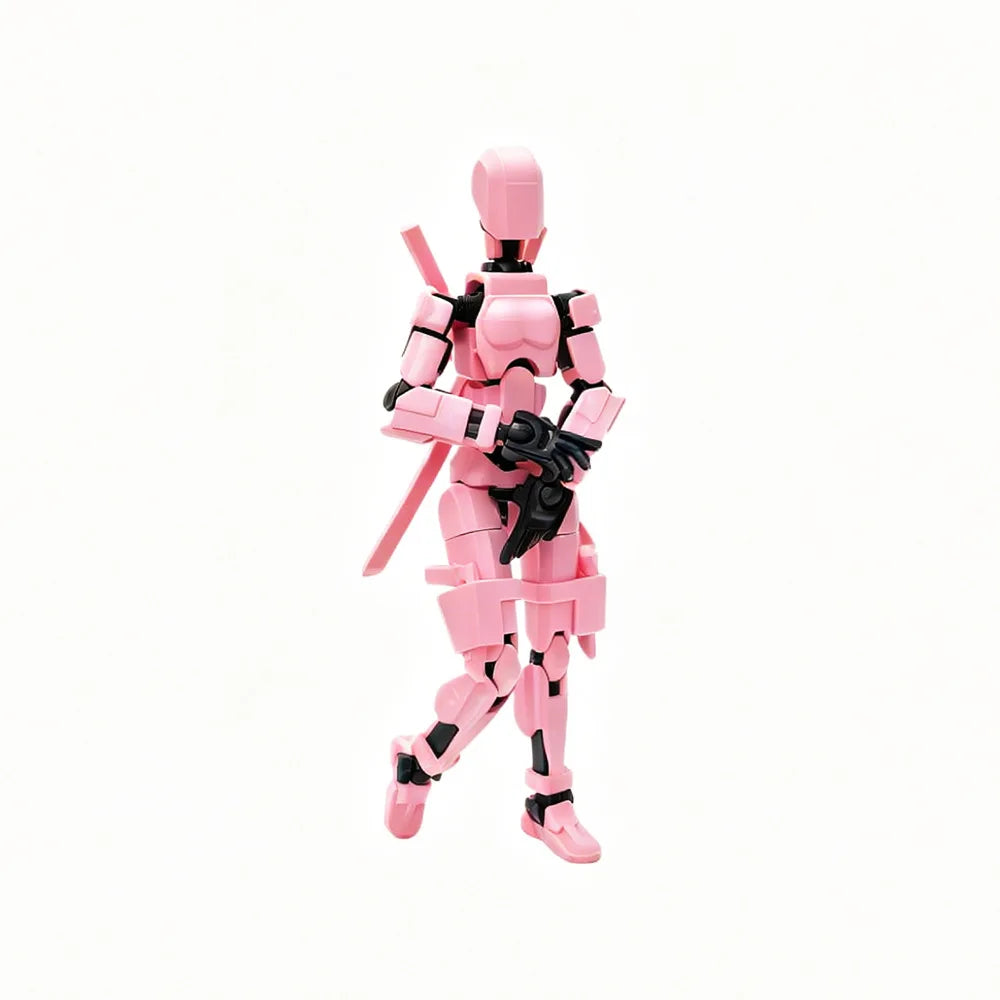 A pink magnetic multi-jointed action figure with black accessories and a display stand.