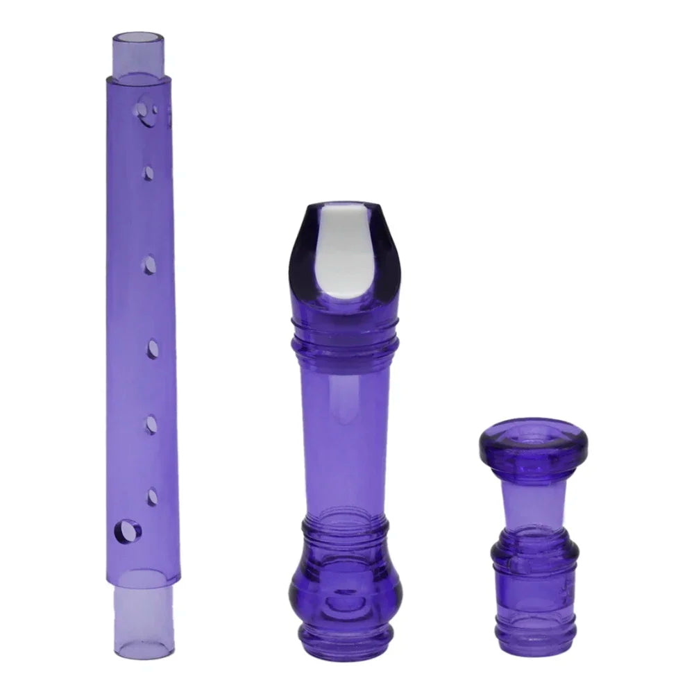 A purple soprano recorder with a cleaning rod and various sized parts shown separately.