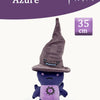 A purple plush toy resembling a witch with a pointed hat and a grumpy face.