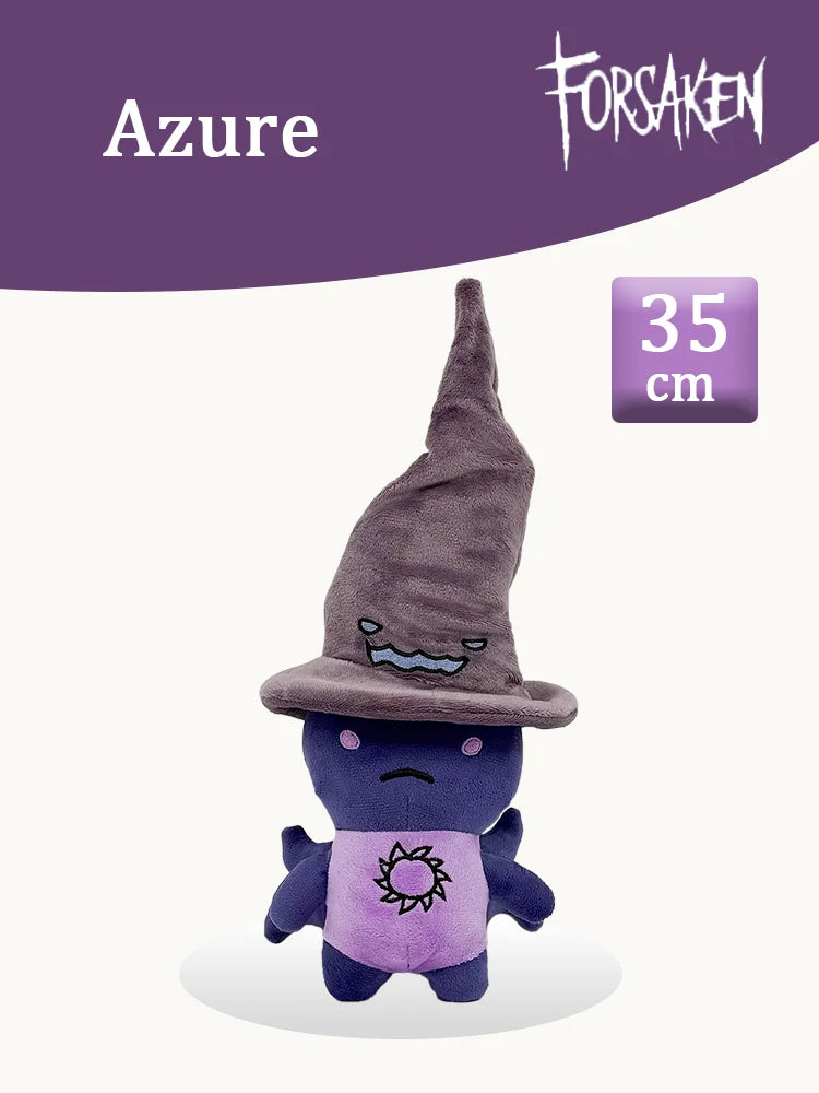 A purple plush toy resembling a witch with a pointed hat and a grumpy face.