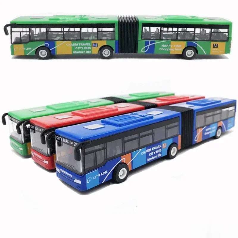 Diecast 1:64 pull-back city bus toy in green and blue colors.