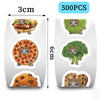 A pack of 500 funny meme cat and food fruit stickers featuring cats in various food items like pizza, avocado, and muffins.