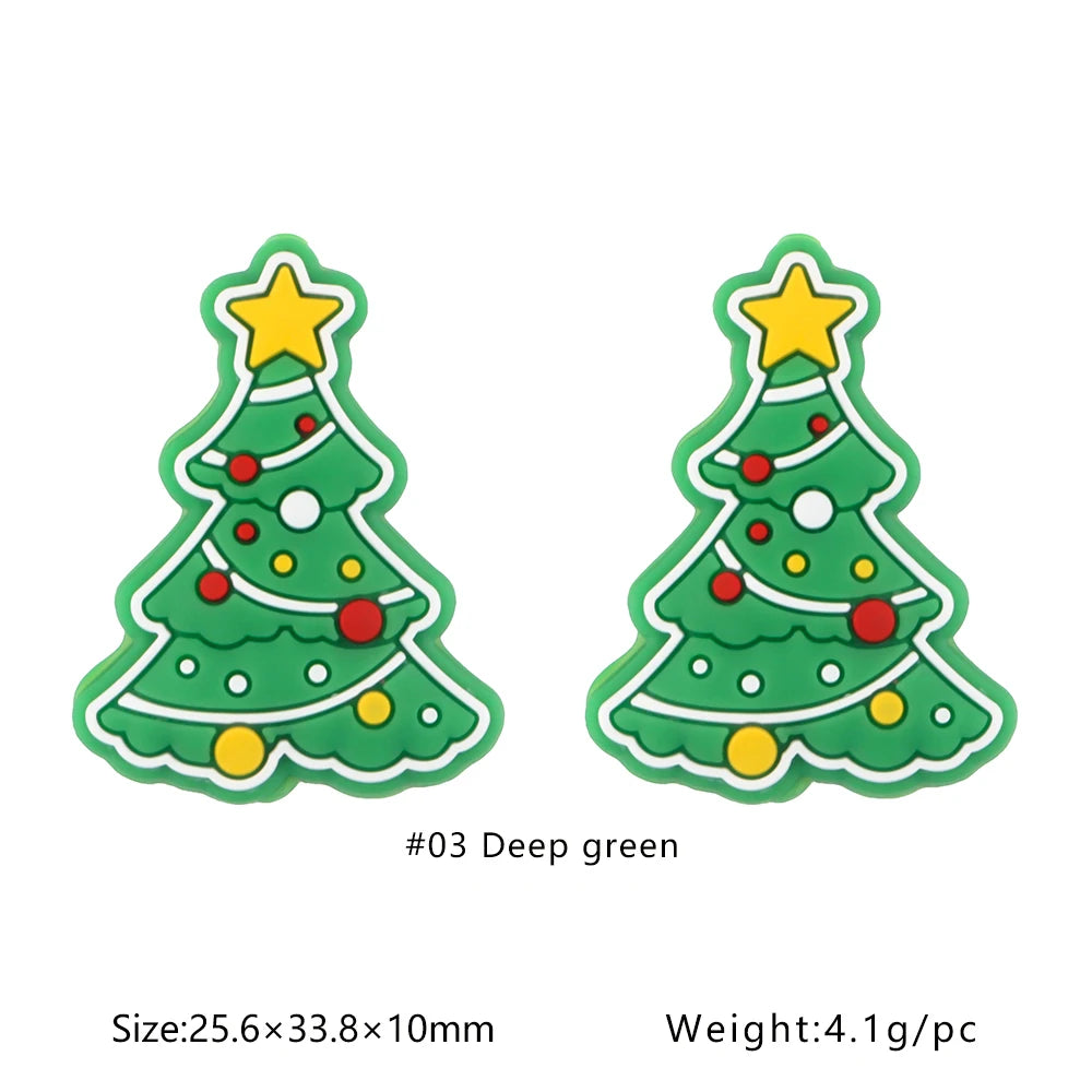 Deep green silicone Christmas tree shaped beads with yellow stars for jewelry making