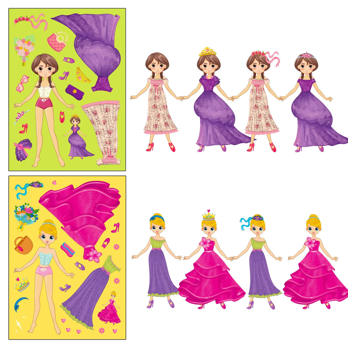 A set of illustrations featuring four princesses in various dresses and a collection of colorful stickers and puzzle pieces.
