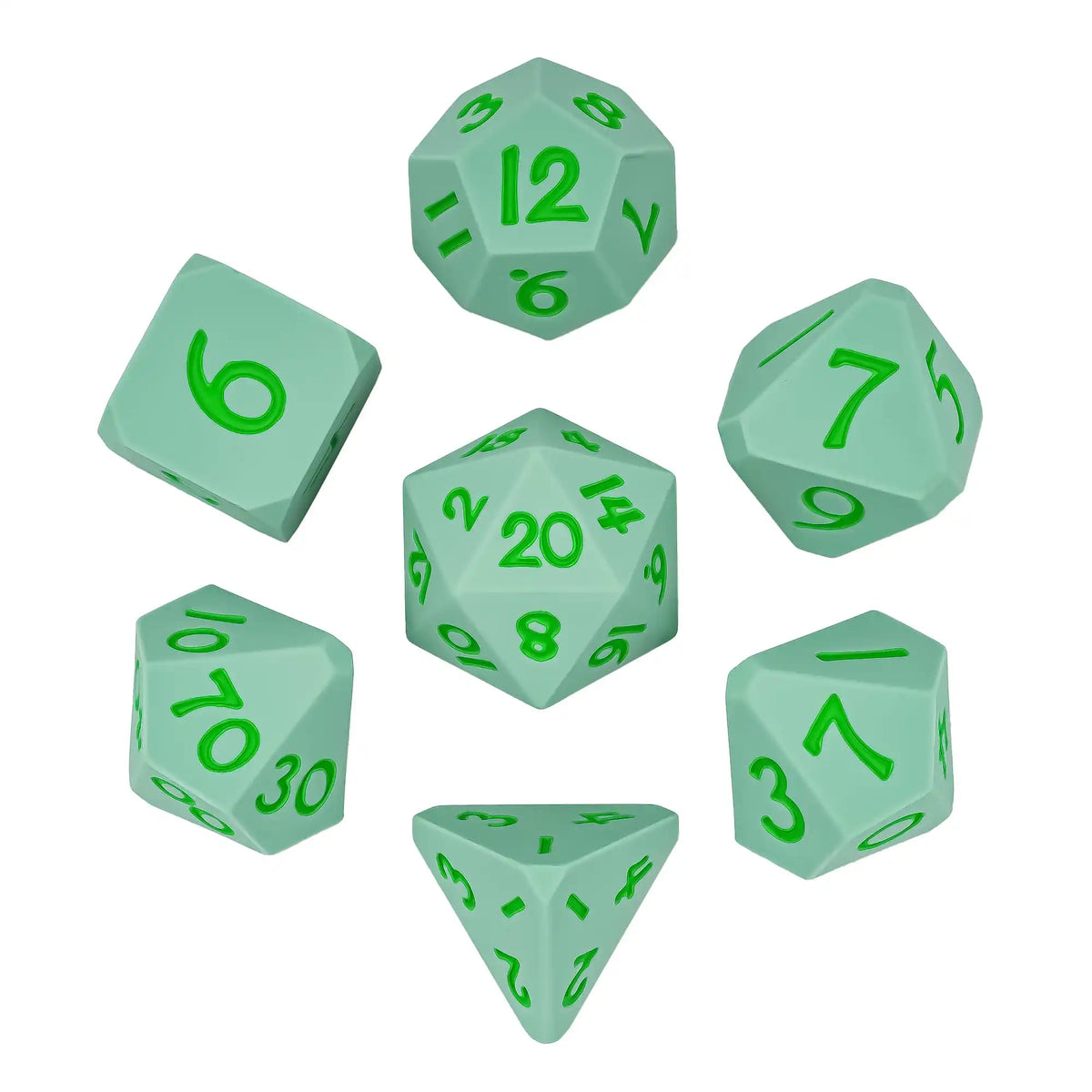 A set of silicone polyhedral dice, including a d6, d8, d10, d12, and d20, displayed against a white background.