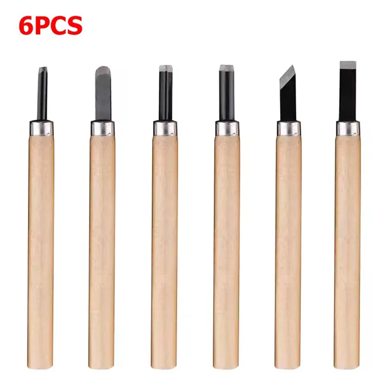 A set of six professional wood carving chisels with SK5 steel blades and wooden handles.