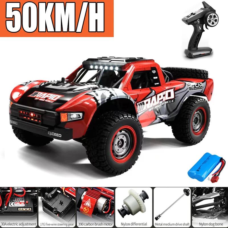 Red and black high-speed 4WD brushless RC monster truck with large tires and a remote control visible.