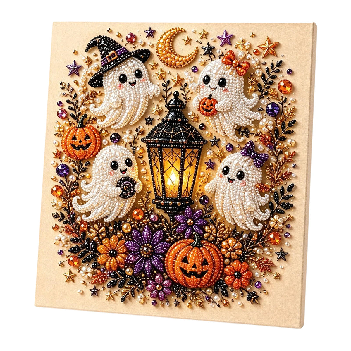 A framed canvas featuring a detailed Halloween design with white pearl figures, pumpkins, and autumnal foliage.