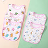 A set of three white baby bibs with colorful embroidered animals and patterns displayed on a light green background.