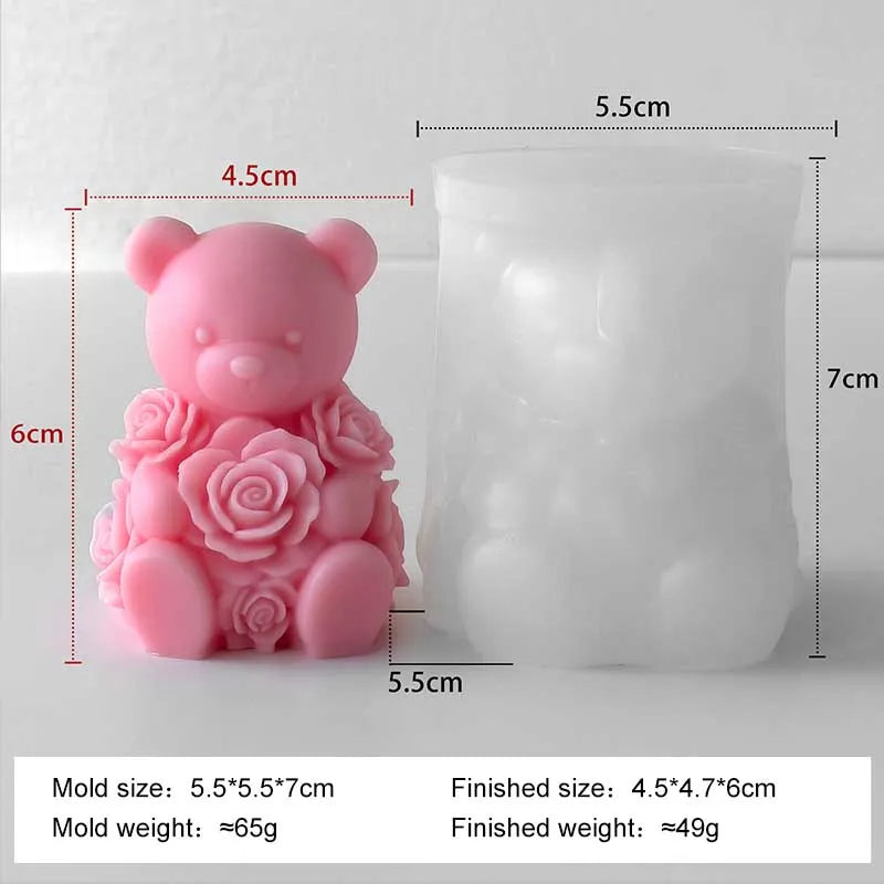 A pink silicone mold shaped like a bear with roses, shown next to its finished product.