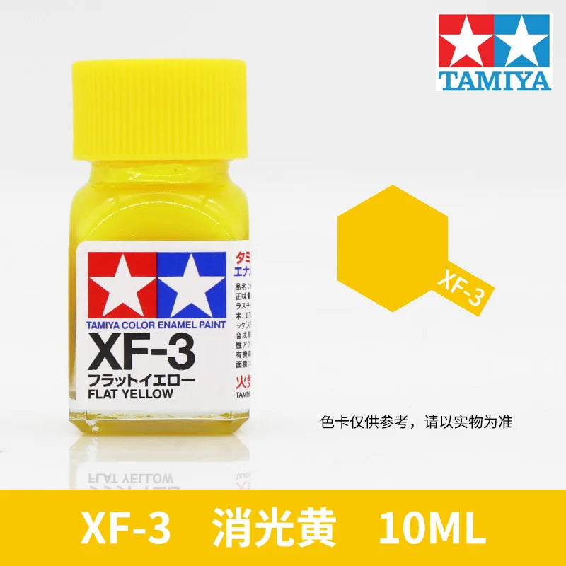 Tamiya XF-3 Flat Yellow enamel paint in a yellow bottle with a hexagonal label