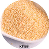 A pile of small, round, pale yellow glass seed beads is shown in a white dish.