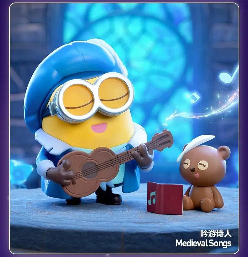 A POP MART Minions collectible figure wearing blue and yellow clothing playing an acoustic guitar.