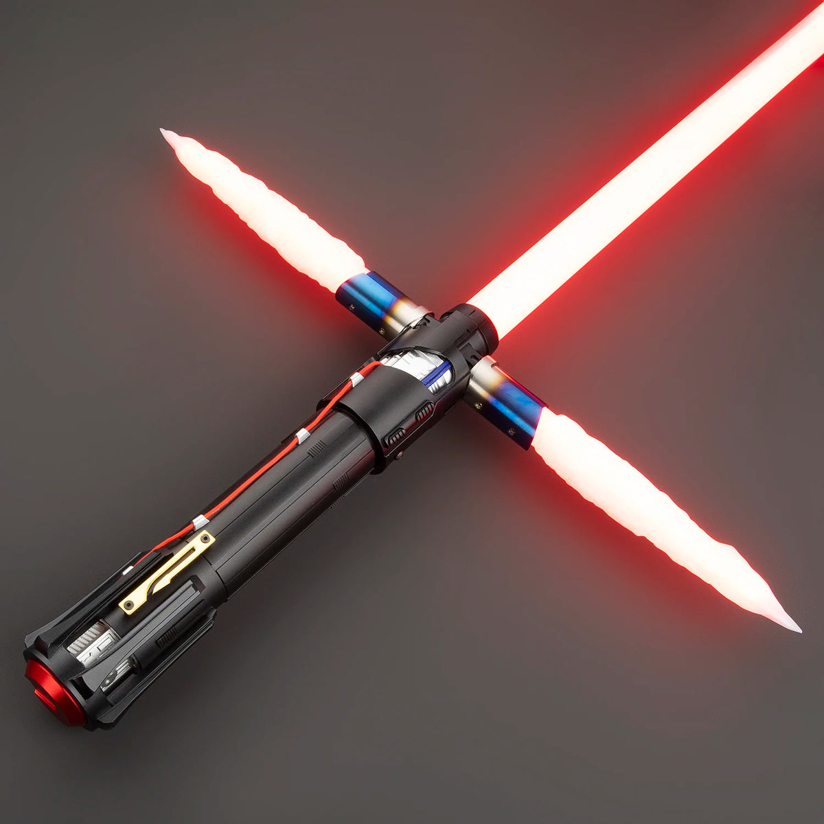 A customizable lightsaber hilt with a red blade is shown crossed against a dark gray background.