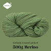 A ball of light green merino wool yarn, hand-picked and 300g in weight.