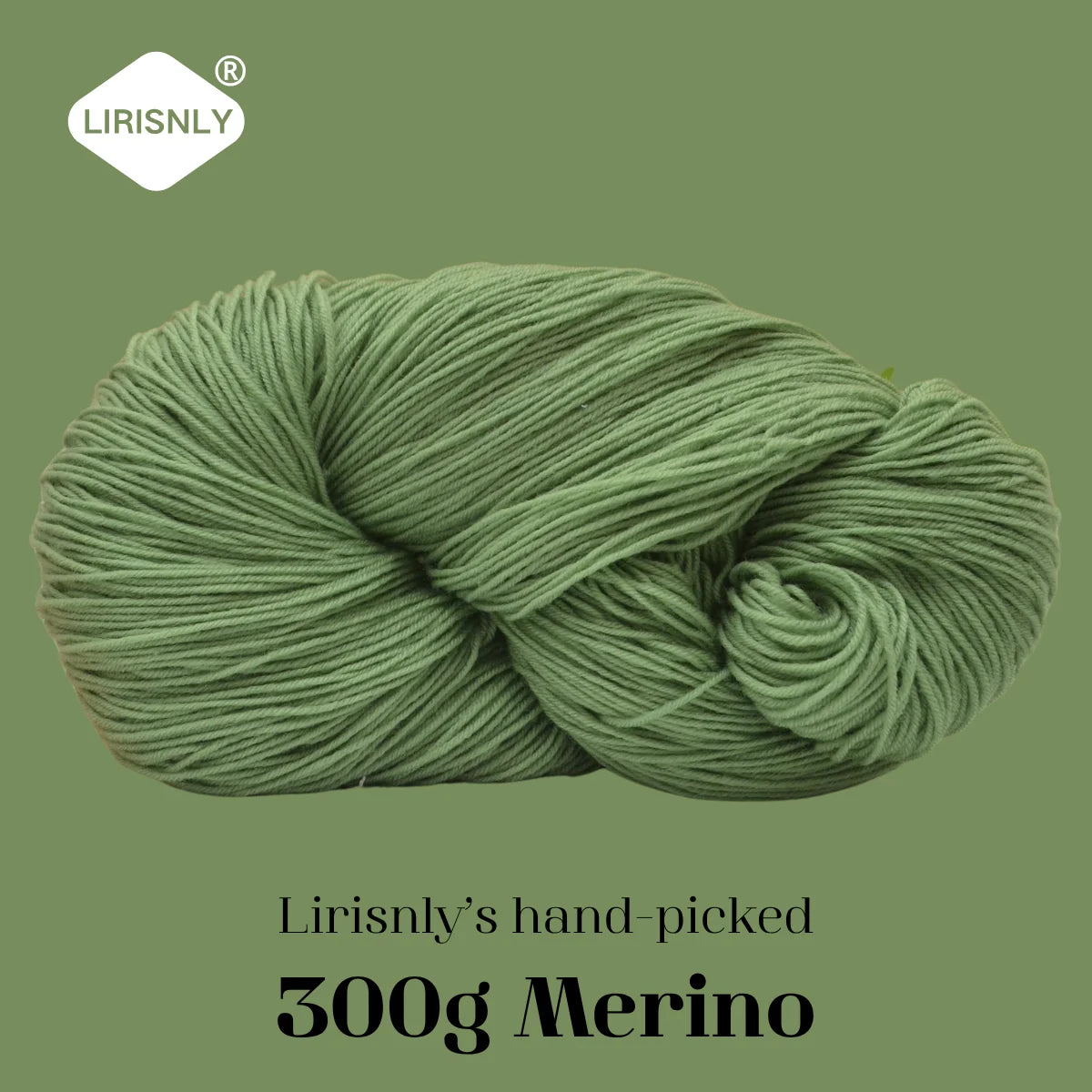 A ball of light green merino wool yarn, hand-picked and 300g in weight.