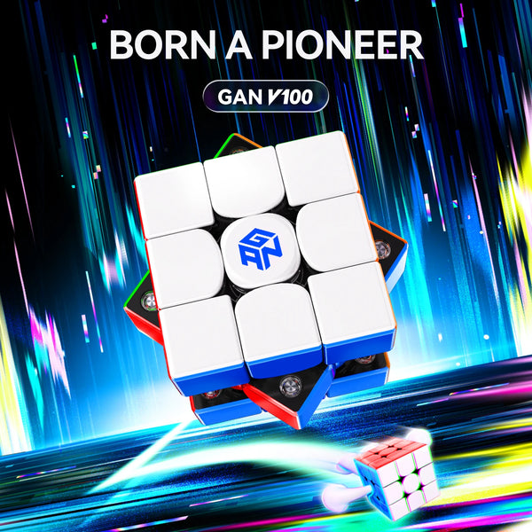 GAN V100 magnetisk speedcube i hvid og blå mod en mørk futuristisk baggrund.