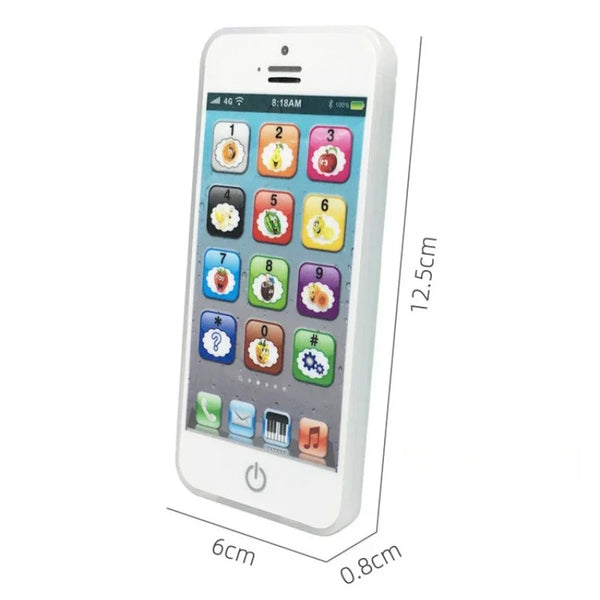 A white interactive educational talking phone for toddlers showing various numbered and lettered icons on its screen.