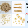 A collection of gold-plated brass round spacer beads and thin wire jewelry accessories for DIY projects.