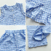 A set of blue and white checkered lace vest and wide-leg pants for girls.