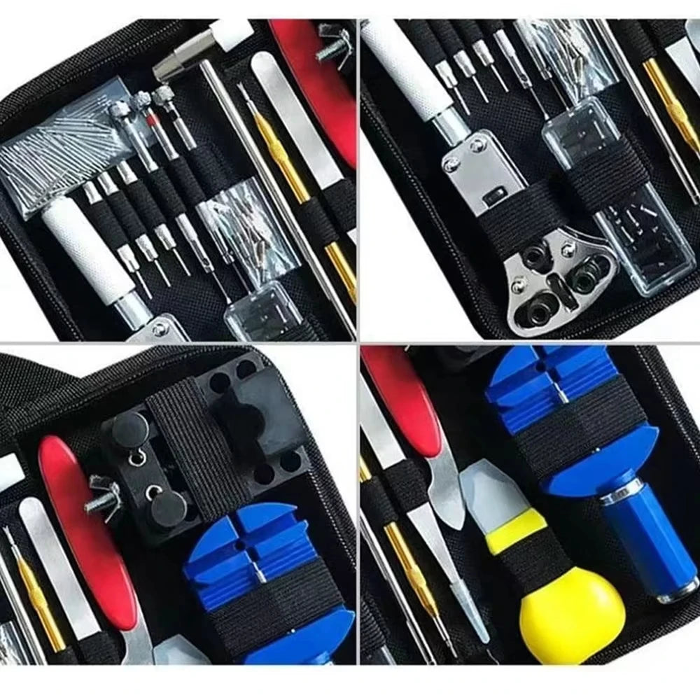 A precision watch repair tool kit showing various tools and components for watch maintenance.