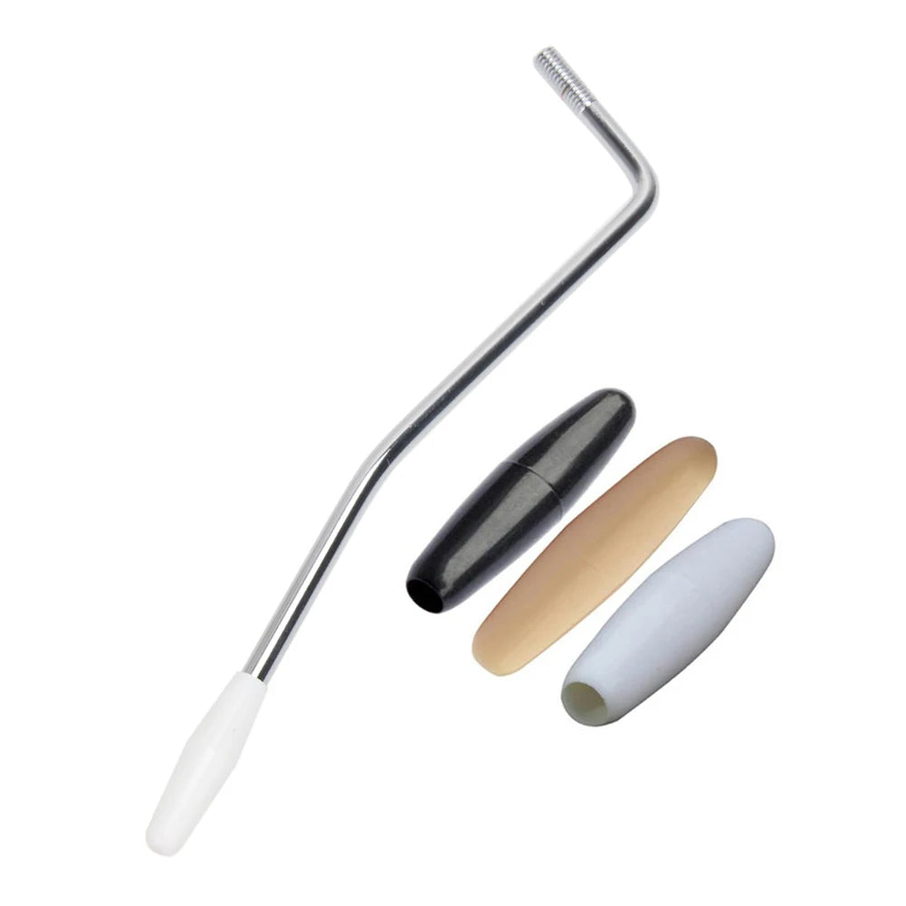 A silver replacement tremolo arm for an electric guitar, shown with its detached components.
