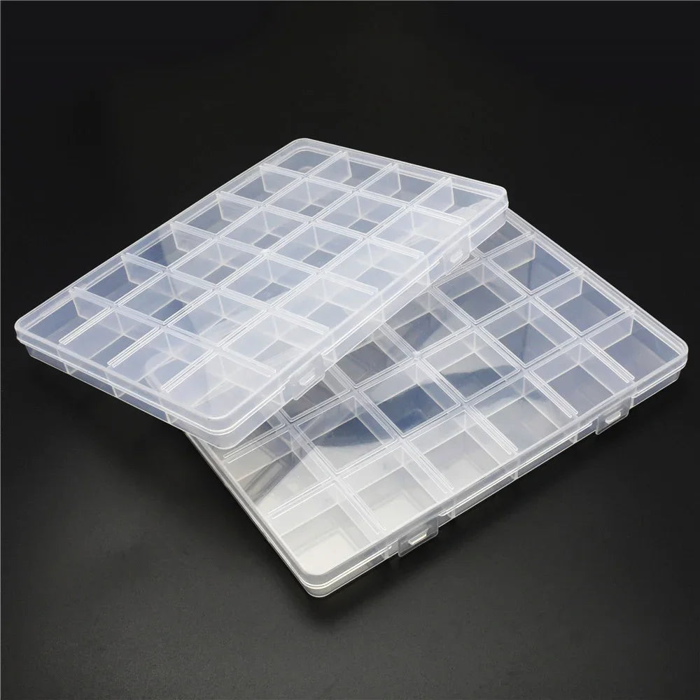 Clear plastic storage box with dividers for organizing jewelry and craft supplies