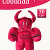A plush red rabbit stuffed toy with stitched features and text on the body.