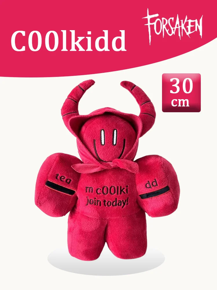 A plush red rabbit stuffed toy with stitched features and text on the body.
