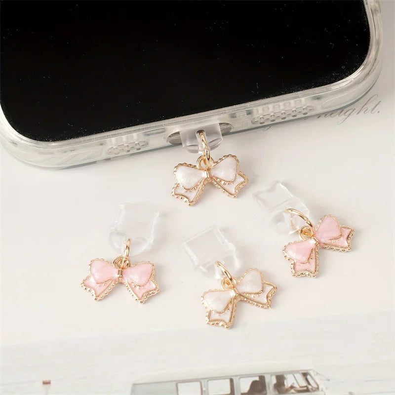 Pink & White Bowknot Phone Dust Plug
